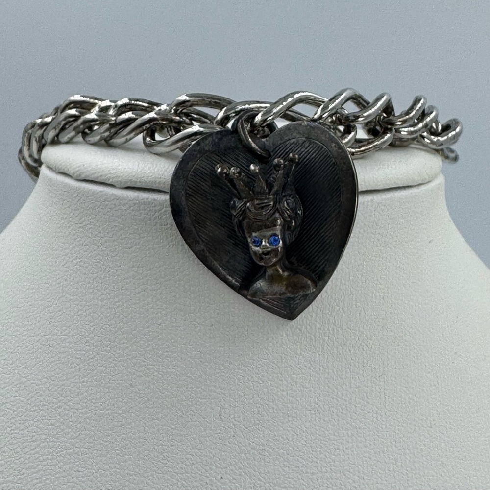 Vintage Fold Over Clasp Silver Tone Bracelet Heart Charm and Girl with Crown